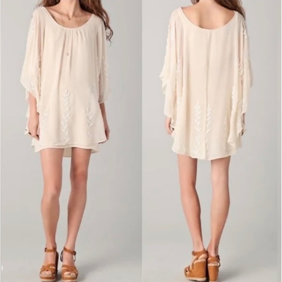 Free People Beaded Pointed Cape Drape Mini Dress Chiffon Sheer Cream Small - Picture 7 of 14